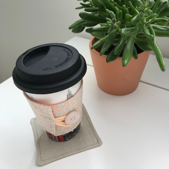 Handmade Fabric Coffee Cozy - Reusable Coffee Cup Sleeve, Peach Floral - Picture 3 of 5